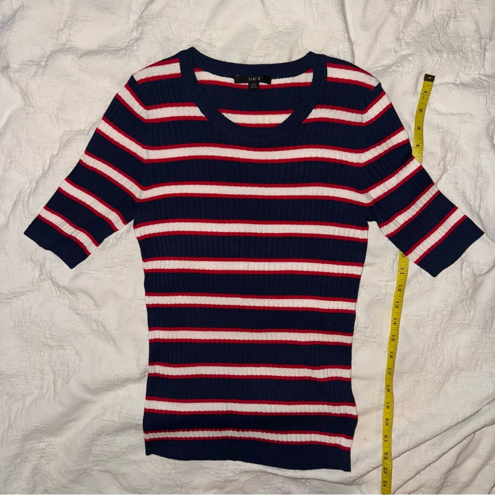 Navy Blue Sweater Tee with Red & White Stripes Fitted Small Retro Preppy Top
